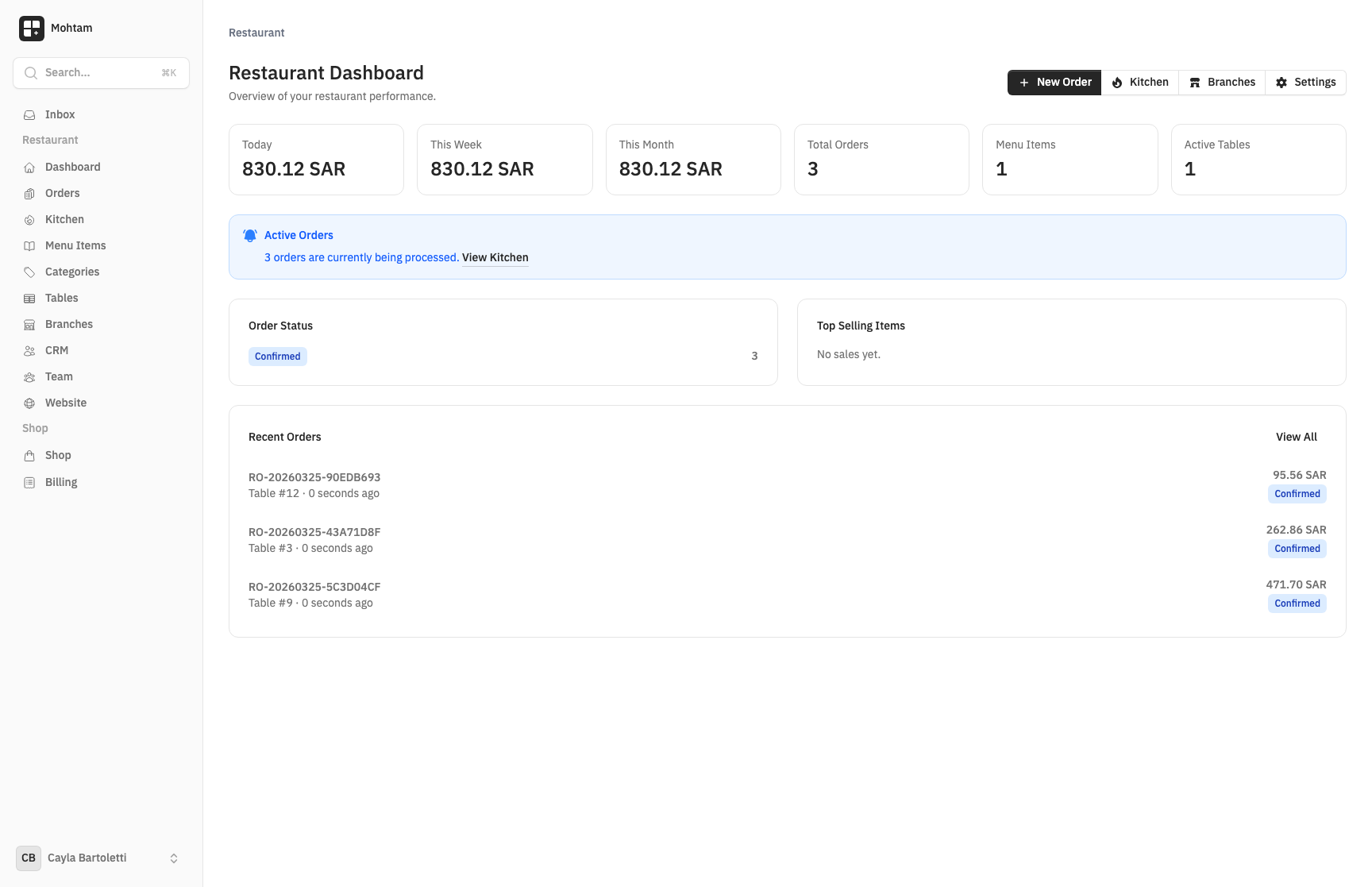 Restaurant dashboard